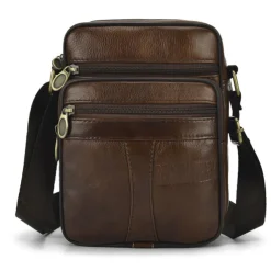 Men's Brown Leather Crossbody Bag with Multiple Zipper Pockets and Adjustable Strap, Vintage Small Shoulder Bag for Travel, Work and Daily Use