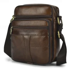 Men's Brown Leather Crossbody Bag with Multiple Zipper Pockets and Adjustable Strap, Vintage Small Shoulder Bag for Travel, Work and Daily Use