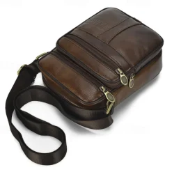 Men's Brown Leather Crossbody Bag with Multiple Zipper Pockets and Adjustable Strap, Vintage Small Shoulder Bag for Travel, Work and Daily Use