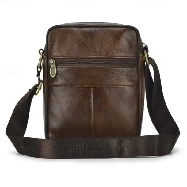Men's Brown Leather Crossbody Bag with Multiple Zipper Pockets and Adjustable Strap, Vintage Small Shoulder Bag for Travel, Work and Daily Use