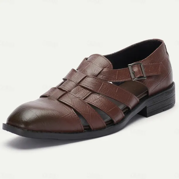 Men's Brown Leather Fisherman Sandals - Comfortable Casual Summer Shoes with Buckle Strap