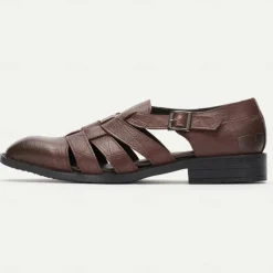 Men's Brown Leather Fisherman Sandals - Comfortable Casual Summer Shoes with Buckle Strap