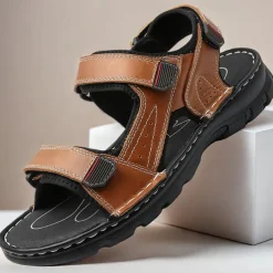 Men's Brown Leather Outdoor Sandals with Adjustable Straps – Durable and Comfortable Hiking Sandals