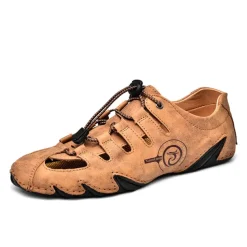 Men's Brown Leather Outdoor Sandals with Secure Lace-Up Design - Perfect for Hiking and Casual Wear