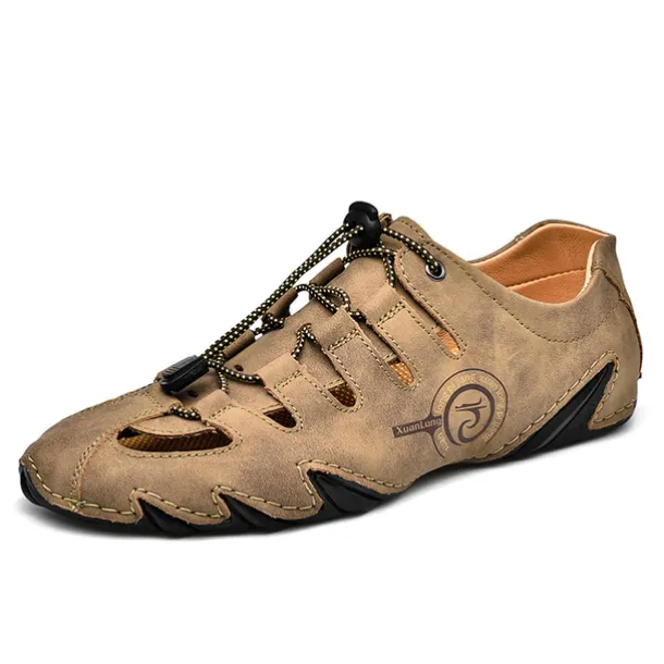 Men's Brown Leather Outdoor Sandals with Secure Lace-Up Design - Perfect for Hiking and Casual Wear