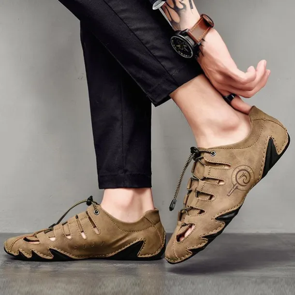 Men's Brown Leather Outdoor Sandals with Secure Lace-Up Design - Perfect for Hiking and Casual Wear