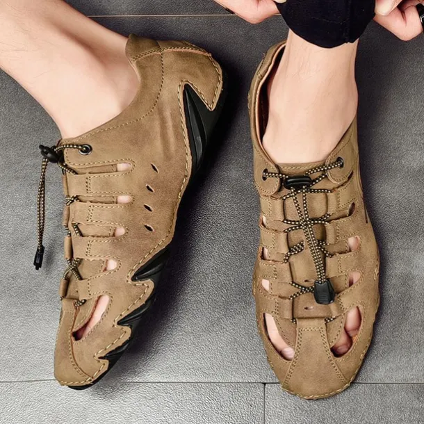 Men's Brown Leather Outdoor Sandals with Secure Lace-Up Design - Perfect for Hiking and Casual Wear