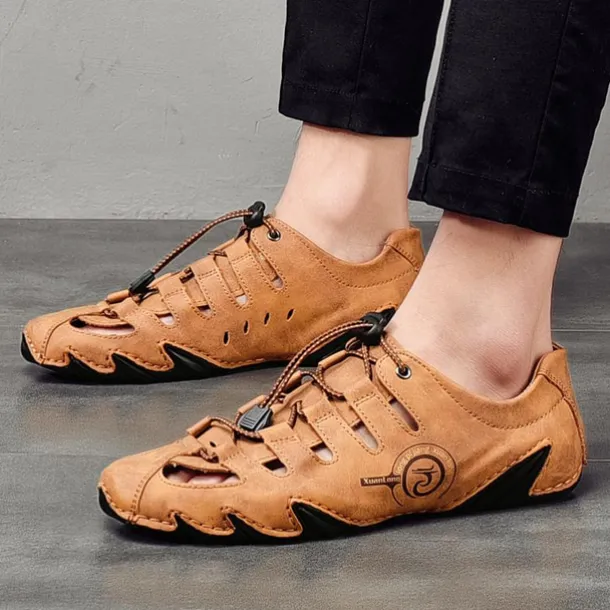 Men's Brown Leather Outdoor Sandals with Secure Lace-Up Design - Perfect for Hiking and Casual Wear