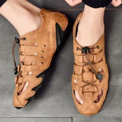 Men's Brown Leather Outdoor Sandals with Secure Lace-Up Design - Perfect for Hiking and Casual Wear