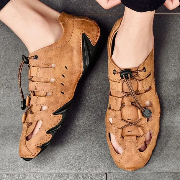 Men's Brown Leather Outdoor Sandals with Secure Lace-Up Design - Perfect for Hiking and Casual Wear