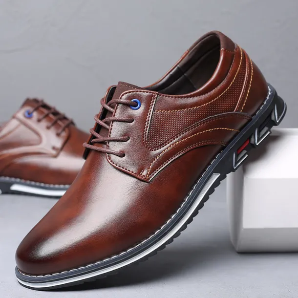 Men's Brown Leather Oxford Shoes with Non-Slip Rubber Sole - Stylish and Comfortable Dress Shoes for Formal and Casual Wear
