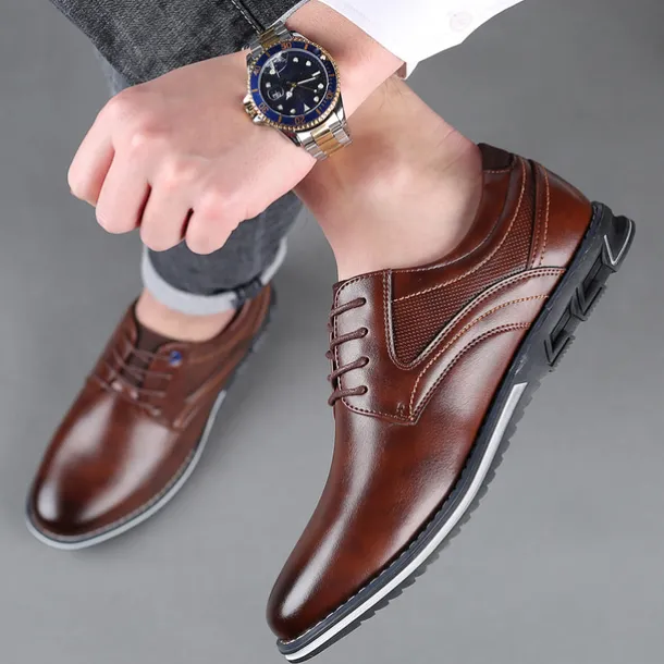 Men's Brown Leather Oxford Shoes with Non-Slip Rubber Sole - Stylish and Comfortable Dress Shoes for Formal and Casual Wear