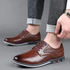 Men's Brown Leather Oxford Shoes with Non-Slip Rubber Sole - Stylish and Comfortable Dress Shoes for Formal and Casual Wear
