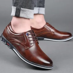 Men's Brown Leather Oxford Shoes with Non-Slip Rubber Sole - Stylish and Comfortable Dress Shoes for Formal and Casual Wear