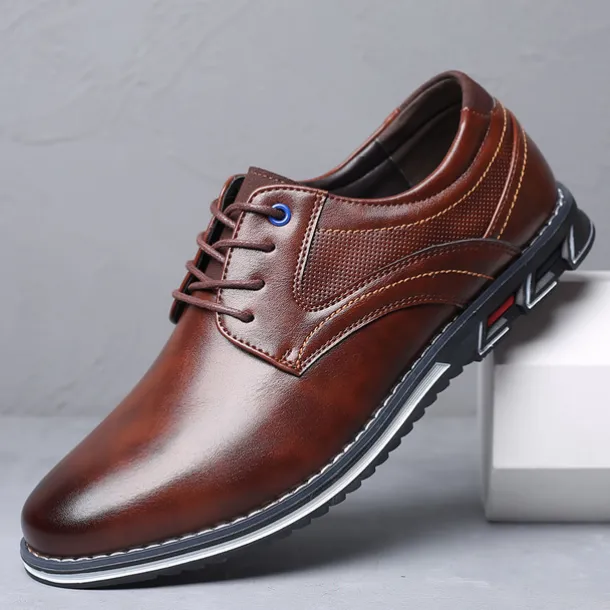 Men's Brown Leather Oxford Shoes with Non-Slip Rubber Sole - Stylish and Comfortable Dress Shoes for Formal and Casual Wear