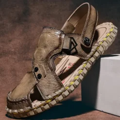 Men's Brown Leather Sandals with Adjustable Strap and Stylish Stitching – Comfortable and Durable for Casual Outings, Beach and Everyday Wear