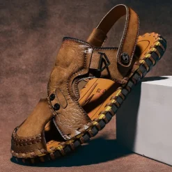 Men's Brown Leather Sandals with Adjustable Strap and Stylish Stitching – Comfortable and Durable for Casual Outings, Beach and Everyday Wear