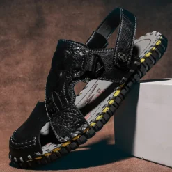 Men's Brown Leather Sandals with Adjustable Strap and Stylish Stitching – Comfortable and Durable for Casual Outings, Beach and Everyday Wear