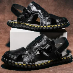 Men's Brown Leather Sandals with Adjustable Strap and Stylish Stitching – Comfortable and Durable for Casual Outings, Beach and Everyday Wear