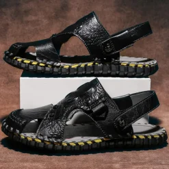 Men's Brown Leather Sandals with Adjustable Strap and Stylish Stitching – Comfortable and Durable for Casual Outings, Beach and Everyday Wear