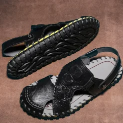 Men's Brown Leather Sandals with Adjustable Strap and Stylish Stitching – Comfortable and Durable for Casual Outings, Beach and Everyday Wear