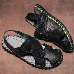 Men's Brown Leather Sandals with Adjustable Strap and Stylish Stitching – Comfortable and Durable for Casual Outings, Beach and Everyday Wear