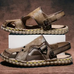 Men's Brown Leather Sandals with Adjustable Strap and Stylish Stitching – Comfortable and Durable for Casual Outings, Beach and Everyday Wear
