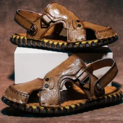 Men's Brown Leather Sandals with Adjustable Strap and Stylish Stitching – Comfortable and Durable for Casual Outings, Beach and Everyday Wear