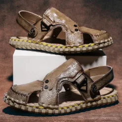 Men's Brown Leather Sandals with Adjustable Strap and Stylish Stitching – Comfortable and Durable for Casual Outings, Beach and Everyday Wear