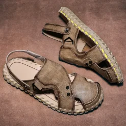 Men's Brown Leather Sandals with Adjustable Strap and Stylish Stitching – Comfortable and Durable for Casual Outings, Beach and Everyday Wear