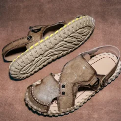 Men's Brown Leather Sandals with Adjustable Strap and Stylish Stitching – Comfortable and Durable for Casual Outings, Beach and Everyday Wear