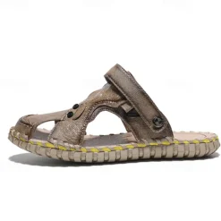 Men's Brown Leather Sandals with Adjustable Strap and Stylish Stitching – Comfortable and Durable for Casual Outings, Beach and Everyday Wear