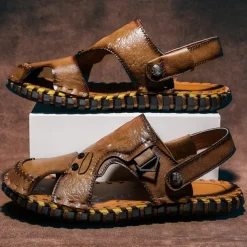 Men's Brown Leather Sandals with Adjustable Strap and Stylish Stitching – Comfortable and Durable for Casual Outings, Beach and Everyday Wear
