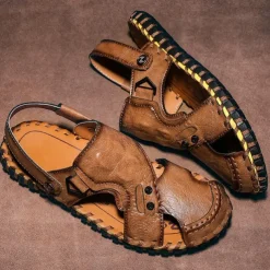 Men's Brown Leather Sandals with Adjustable Strap and Stylish Stitching – Comfortable and Durable for Casual Outings, Beach and Everyday Wear