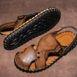 Men's Brown Leather Sandals with Adjustable Strap and Stylish Stitching – Comfortable and Durable for Casual Outings, Beach and Everyday Wear