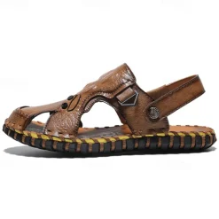 Men's Brown Leather Sandals with Adjustable Strap and Stylish Stitching – Comfortable and Durable for Casual Outings, Beach and Everyday Wear