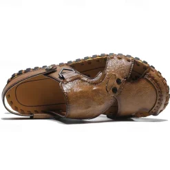 Men's Brown Leather Sandals with Adjustable Strap and Stylish Stitching – Comfortable and Durable for Casual Outings, Beach and Everyday Wear