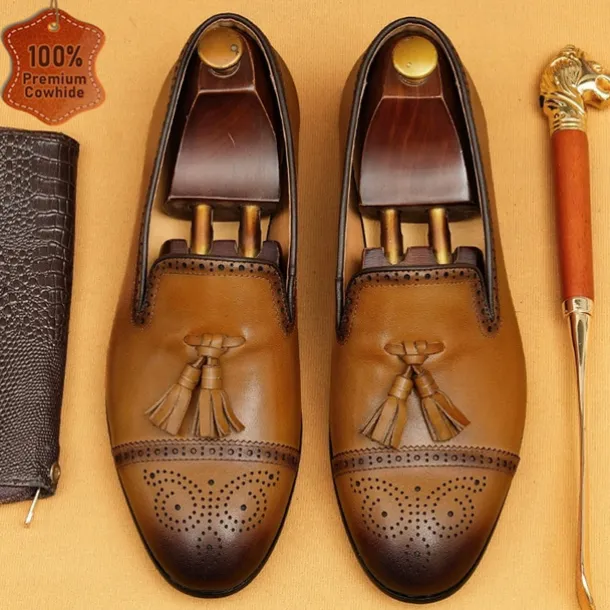 Men's Brown Leather Tassel Loafers with Brogue Detailing, Classic Slip-On Dress Shoes for Weddings, Parties and Formal Events