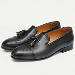 Men's Brown Leather Tassel Loafers with Brogue Detailing, Classic Slip-On Dress Shoes for Weddings, Parties and Formal Events