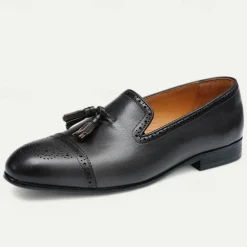 Men's Brown Leather Tassel Loafers with Brogue Detailing, Classic Slip-On Dress Shoes for Weddings, Parties and Formal Events