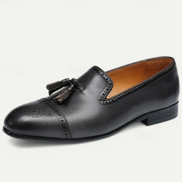 Men's Brown Leather Tassel Loafers with Brogue Detailing, Classic Slip-On Dress Shoes for Weddings, Parties and Formal Events