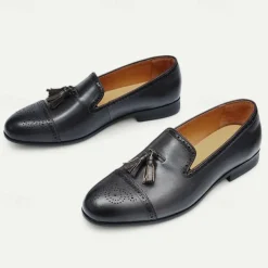 Men's Brown Leather Tassel Loafers with Brogue Detailing, Classic Slip-On Dress Shoes for Weddings, Parties and Formal Events