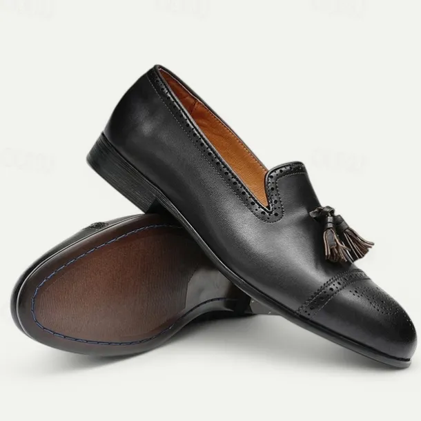 Men's Brown Leather Tassel Loafers with Brogue Detailing, Classic Slip-On Dress Shoes for Weddings, Parties and Formal Events