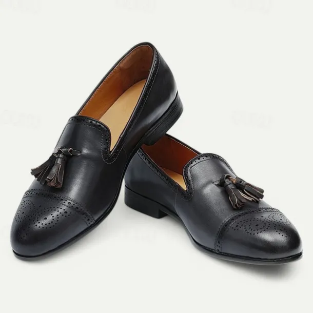 Men's Brown Leather Tassel Loafers with Brogue Detailing, Classic Slip-On Dress Shoes for Weddings, Parties and Formal Events