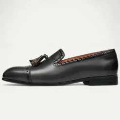 Men's Brown Leather Tassel Loafers with Brogue Detailing, Classic Slip-On Dress Shoes for Weddings, Parties and Formal Events