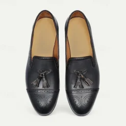 Men's Brown Leather Tassel Loafers with Brogue Detailing, Classic Slip-On Dress Shoes for Weddings, Parties and Formal Events