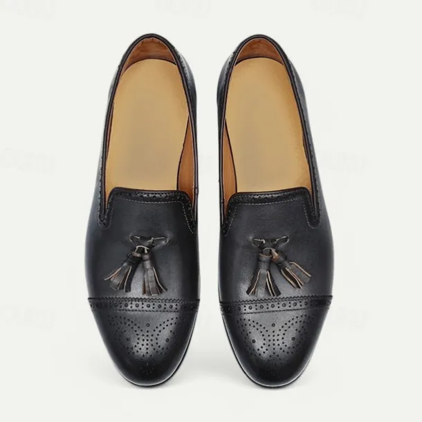 Men's Brown Leather Tassel Loafers with Brogue Detailing, Classic Slip-On Dress Shoes for Weddings, Parties and Formal Events