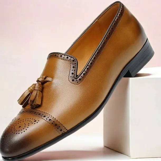 Men's Brown Leather Tassel Loafers with Brogue Detailing, Classic Slip-On Dress Shoes for Weddings, Parties and Formal Events