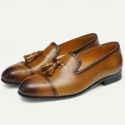 Men's Brown Leather Tassel Loafers with Brogue Detailing, Classic Slip-On Dress Shoes for Weddings, Parties and Formal Events