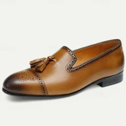 Men's Brown Leather Tassel Loafers with Brogue Detailing, Classic Slip-On Dress Shoes for Weddings, Parties and Formal Events